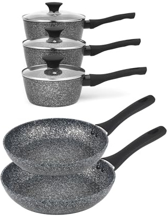 Salter Megastone 5-Piece Pot & Pan Set – 16/18/20 cm Saucepans, 20/24 cm Frying Pans, 10 x Tougher Non-Stick, Induction Suitable, Tempered Glass Lids, Durable Forged Aluminium, Dishwasher Safe