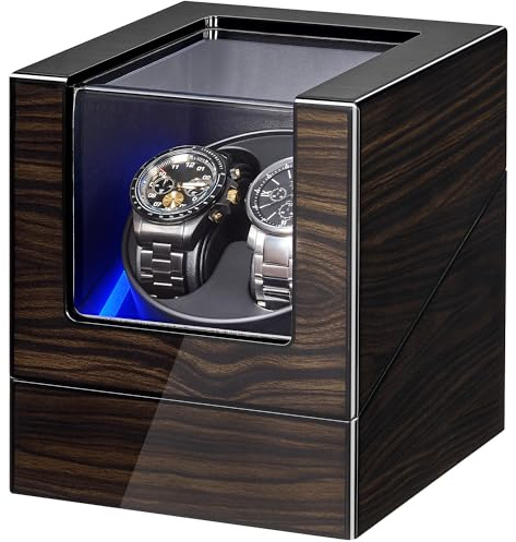 ANWBROAD Uhrenbeweger für Automatikuhren, Neue Ebenholzfarbene Klavierlack-Box für Automatikuhren, Drehbares Uhrengehäuse mit 4 Drehmodi, Leiser Motor, LED für Herren- und Damenuhren JWW001E