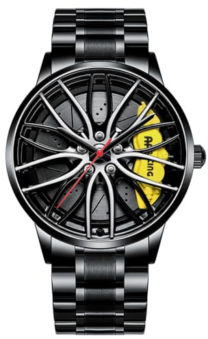 MIDYUID Sportivideter Montres Homme 3D Cable Rim Hub Montre-bracelet Homme Mouvement à Quartz Japonais (Jaune)