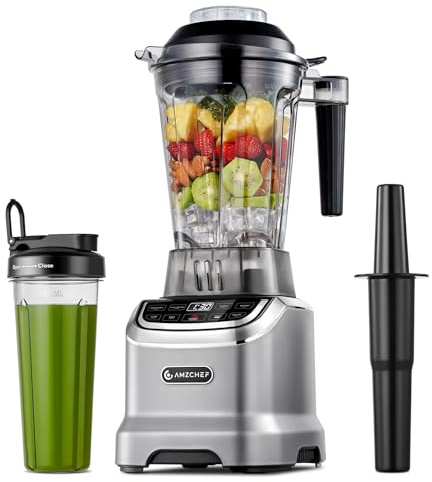 AMZCHEF Professional Blender for Smoothies,4 Functions,1800W Smoothie Blender,63 Oz Pitcher/20-Oz To-go Cup，Ice and Frozen Fruit,Self-Cleaning,High Speed,Grey