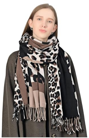 KRUIHAN Bufanda Mujer Leopardo con Flecos Elegantes,Caqui Chal y Bufanda Mujer Invierno de Cachemira Imitada,Accesorios de Invierno Acogedores,Regalos Perfectos para Navidad y Cumpleaños