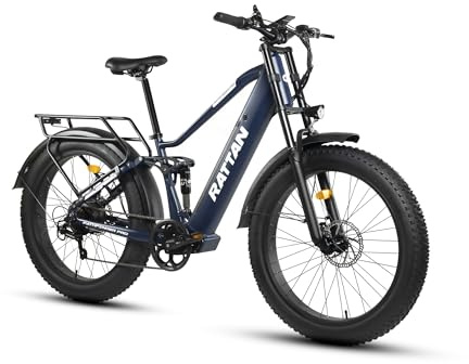 Rattan Pathfinder Pro Vélo Électrique 26 Fat Bike Adulte, Batterie 48V 18AH, Autonomie 120km, Freins & Suspension Hydraulique, Vélo électrique Homme Femme, 7 Vitesses (Pathfinder-Pro, Bleu)