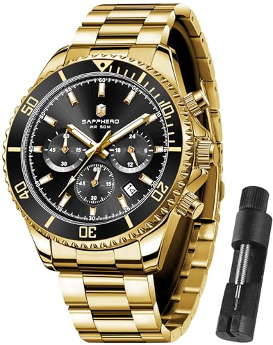 SAPPHERO Uhren Herren Chronograph Analog Quarz 50M Wasserdicht Armbanduhr Herren Mode Lässig Business Herrenuhren mit Kalender Edelstahlarmband Uhr Geschenk für Männer