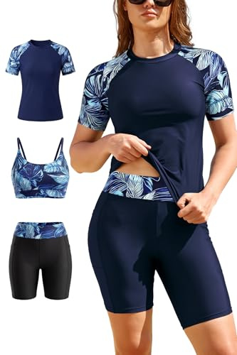 SHEKINI Womens 3-Piece Rash Guard Set Swimwear UPF50+ Blue Print 01,XXL