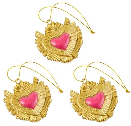 Baroni Home Set 3 Pendenti Sacro Cuore Ex Voto in Resina Oro e Rosso, Ciondolo Decorativo, Addobbo Natalizio Decorazione Albero di Natale, Idea Regalo Originale 5x5x1 cm