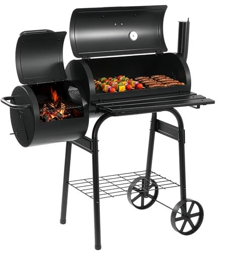 LEHMANN Holzkohlegrill & Smoker Grill 2-in-1, BBQ Grill mit Deckel, integriertem Thermometer und hitzebeständigem Griff, fahrbarer Grillwagen mit Rädern, 2-Kammern Standgrill für Garten, Schwarz