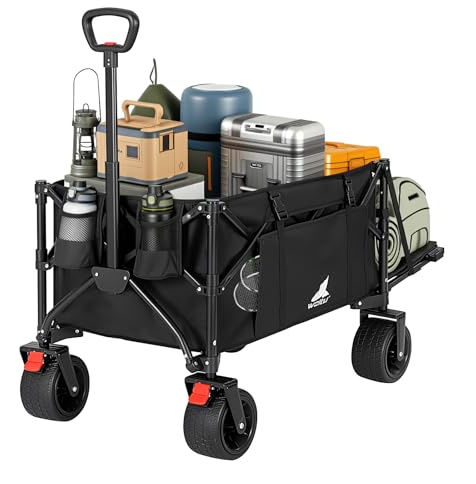 WOLTU Chariot Pliable, 205 L, Panneau Arrière Rabattable, Charge 180 kg | Chariot à Roulettes, Roues Avant Universelles, Sac Latéral, 2 Poches, 2 Porte-gobelets, pour Jardin, Camping, Plage, Noir