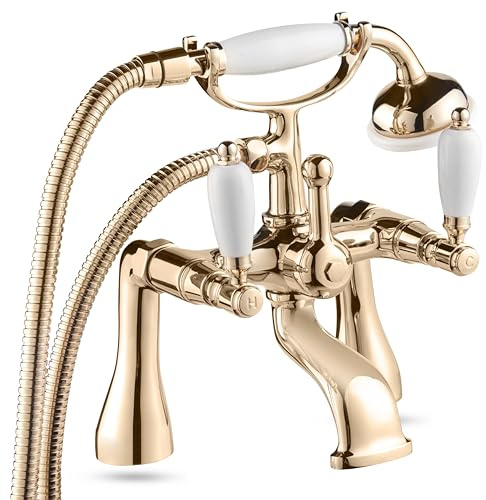 Deva Georgian Bath Shower Mixer Tap Kit - Gold Finish Traditional Style Bath Tap - 3/4 BSP - WRAS KIWA Approved - White Single Lever Easy Turn Handles - 12 Year Warranty GE03/501