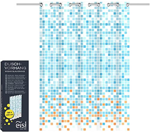 EISL Textil Duschvorhang mit Motiv (180x200 cm) für die Badewanne, waschbarer Antischimmel Vorhang mit wasserdichter Beschichtung, Vollständig Blickdicht Mosaik Blau/Orange