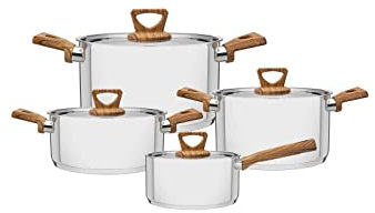 Tramontina 65180-026 Brava Topfset, 4-teilig, 3 Kochtöpfe, 1 Stielkasserolle mit Deckel, für alle Herdarten geeignet, rostfreier Edelstahl, 18/10 Stahl