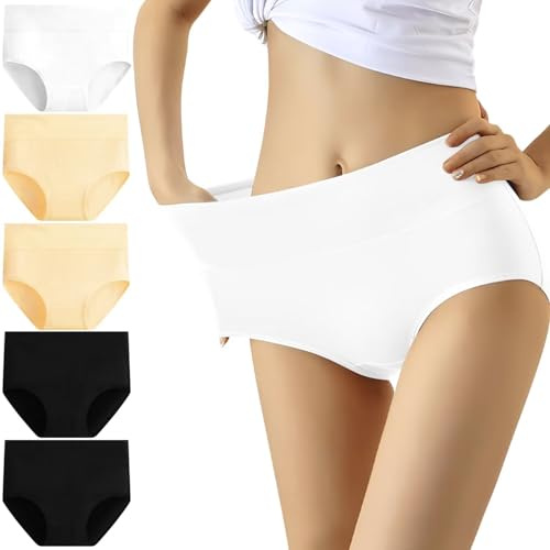 YouShow Culottes Femmes Coton Taille Haute Lot de 5 Slips Elasticité Ventre Plat(Abricot à la Mode,L)