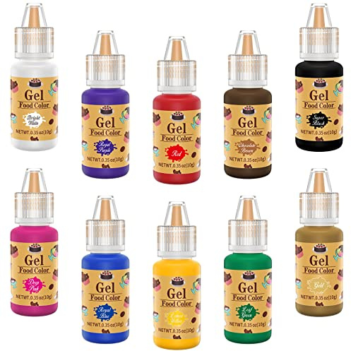 Gel Food Colour 10 Colours, E-Kongton 10ml Food Colour Cake Set, Vibrating Icing Colours Flavourless Edible Food Colouring for Baking Icing Fondant Cake Decorating Clay Diy Supplies Kit (Total 100ml)
