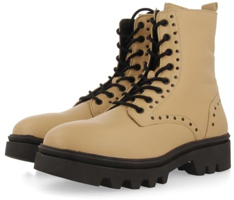 GIOSEPPO Botín Beige Tipo Biker con Cordones y Tachuelas en Negro con Piso Track en Negro y Beige para Mujer hachiville