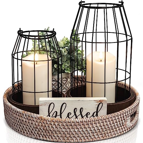 Rustic Farmhouse Lantern Decor Set of 2 - Stylish Decorative Lanterns for Your Living Room, Fireplace Mantle or Kitchen Dining Table - Modern Indoor/Outdoor Coffee Table Decor for Your Entire Home