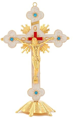Syfunlv Kreuz Statue Figur,Kreuz aus Metall,Kruzifix Jesus Christus Kreuz,13×8×21cm Stehendes mit Sockel Legierung Kreuz,Kruzifix für Tischdekoration, Christi Gebete