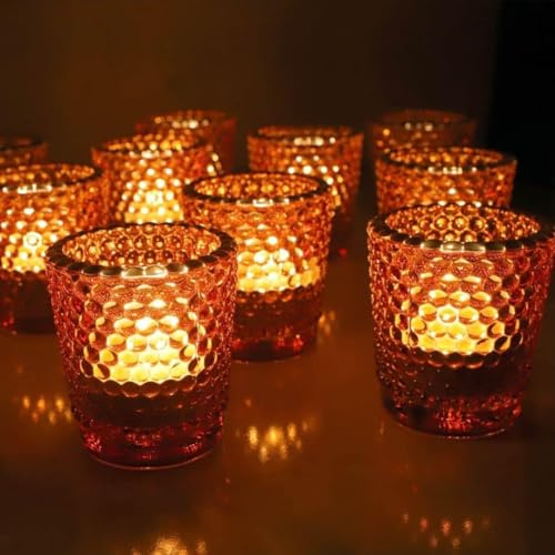Vohocandle Amber Votive Candle Holders Set of 12, Vintage Tealight Holders Glass with Gold Rim for Wedding Home Decor, Glass Tea Light Candle Holders Birthday Gifts for Women(5.5cmL*4.5cmW*6cmH)