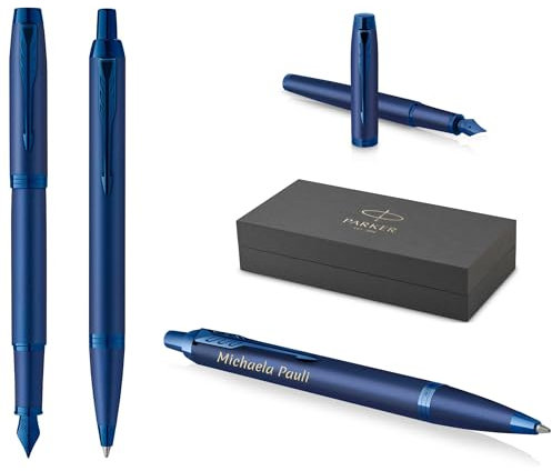 PARKER Schreibset IM Professionals Monochrome Kugelschreiber und Füllfederhalter mit Gravur | Premium Stift | Geschenkbox | blaue Pantrone | personalisiert | Geburtstag (Blue)