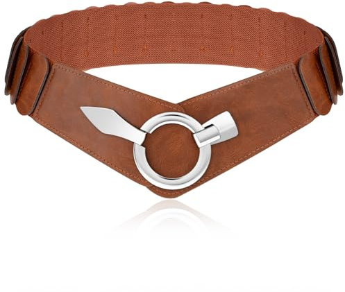 Andibro Damen Breiter Elastischer Taillengürtel,PU Leder Breiter Hüftgürtel Mode Vintage Stretchgürtel mit Silberner Ring Schließe(Braun, M(75-100cm/29.5-39.3in))