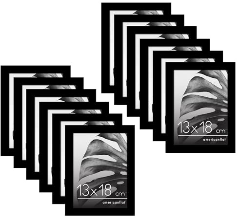 Americanflat Cornice Foto 13x18 cm Nere - Confezione da 12 Cornici 13x18 cm con Pannello Protettivo in Plastica e Cavalletto - Set Cornici Foto da Parete e da Tavolo