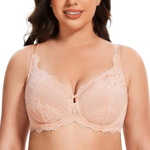 MELENECA Women's Plus Size Minimizer Bras Full Coverage Lace Unlined Underwire Bra Beige 38E