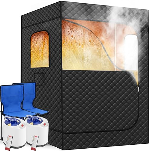 Tehanld Sauna de vapor portátil para 2 personas para el hogar, tienda de campaña de sauna extragrande, 2 vaporizadores mejorados, 2 sillas plegables y control remoto, color negro