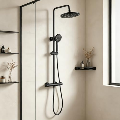 KOMIRO Colonne de Douche Noir, Ensemble de Douche avec Mitigeur Thermostatique, Réglable en Hauteur, Rond, Montage Mural, Ensemble de Salle de Bain