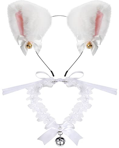 Tunejoy Oreille de Chat Serre Tete, Bandeau Oreilles de Chat + Choker avec Cloche Bandeau Accessoires Cheveux de Déguisement pour Femmes Filles Fête Halloween Anniversaire Cosplay Blanc
