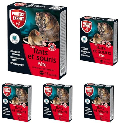 PROTECT EXPERT Anti Rats & Souris 150 g | Efficacité Maximale | 15 Pâtes | Lieux secs et humides | Agit dès la première Ingestion, Noir (Lot de 5)