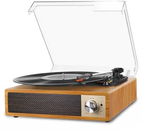 VIFLYKOO Tocadiscos de Vinilo Bluetooth 5.4, Reproductor de Vinilo Vintage con 3 Velocidades 33/45/78 RPM, Giradiscos Soporta Grabación de Audio USB, Salida RCA/Aux in/Auriculares, Color Madera