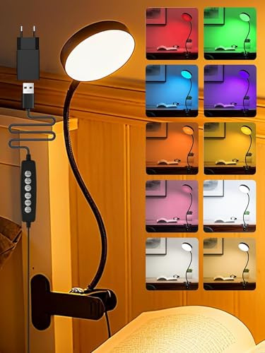 Leselampe Bett, 10 RGB Farben+10 Helligkeit Klemmlampe, 72 LED Klemmleuchte