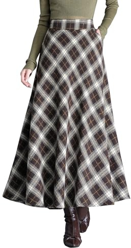 Damen Elegant Lang Rock Hohe Taille Winterrock Kariert Maxirock Wollrock A-Linie Röcke Faltenrock Herbst Skirts 1931 Braun XL