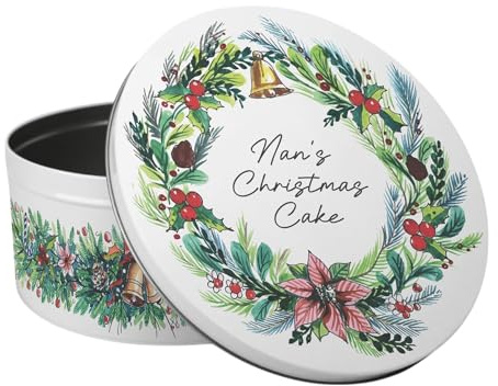 Purely Home Personalised Christmas Wreath Large Cake Tin - Festive Foliage Kitchen Bakeware Gifts - Round Metal Storage Container for Baking 23 x 10cm