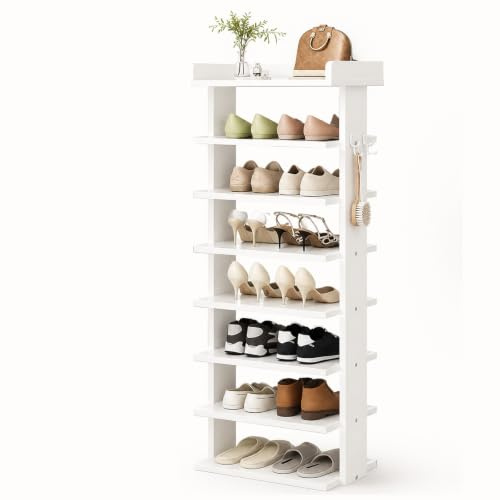 Large Tall Shoe Cabinet with 14 Grids Vertical Shoe Storage Rack White | Wooden Shoe Organiser Tower for Hallway Entrance Space Saving Free Standing Shoe Shelf for Small Spaces