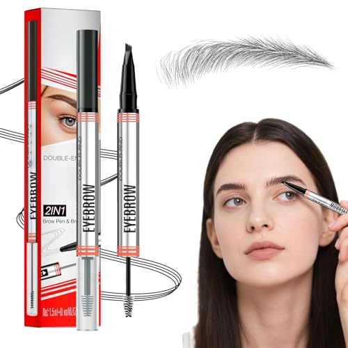 Eyebrow Pencil, New 2-in-1 Brow Pen and Sealing Brow Gel, with 4-Fork-Tip & Precise Brush-Tip, Create Natural Hair-Like Brows, Last All-Day, Microblading Eyebrow Pen (Grey)