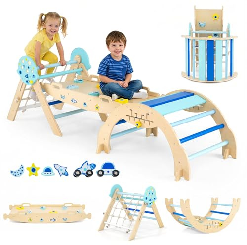 COSTWAY Triángulo de Escalada Interior, Estructura de Escalada Plegable con Tobogán, Arco de Escalar, Triángulo de Madera para Niños de 1+ año (Universo-3 Piezas con Red,Azul)