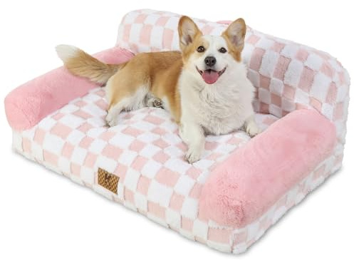 KSIIA Moyen Canapé Panier Chien Dehoussable Lavable 89x56 cm, Lit pour Chien Orthopédique, Panier Chat Moelleux Confortable, Base Antidérapante, Canapé pour Chien avec Accoudoirs et Dossier, Rose