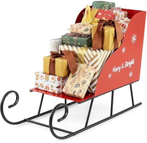 GYMAX Slitta Decorativa di Natale, Addobbo Slitta di Babbo Natale con Spazio di Stoccaggio, Disegno di Fiocchi di Neve, Decorazione Natalizia per Interni ed Esterni per Casa e Ufficio (Rosso-2)