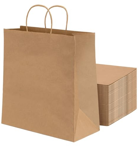 MAXI PRODUCTS - 50 Unidades - Bolsas Papel Kraft con Asa Rizada - 18 x 8 x 24 cm - Bolsas Regalo - Bolsitas Personalizables - Eventos y Hotelería - Comunión, Cumpleaños, Bodas - PERSONALIZABLES