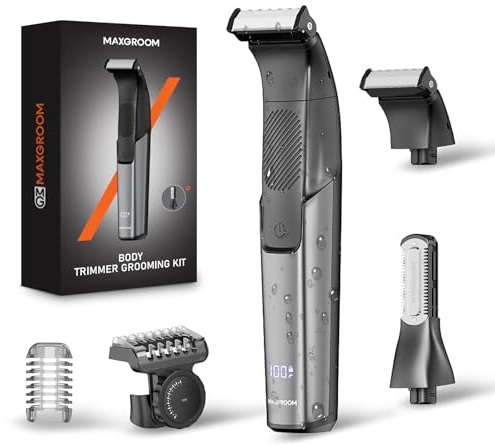 MAXGROOM Afeitadora Corporal Masculina 2 en 1, Depiladora Corporal Hombre con Peine Ajustable para Cuerpo y Zona Intima, en Seco y Húmedo, Pantalla LED y Recargable Tipo-C, Negro