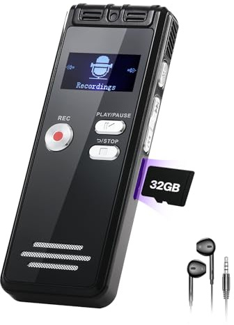 NekSide Registratore vocale con Playback 32 GB – 1536 Kpbs, dispositivo di registrazione audio one-touch con cancellazione del rumore per interviste/classi/riunioni
