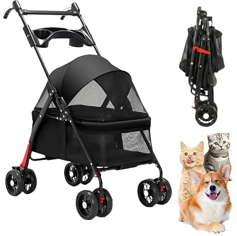 Pet Stroller,4 Wheel Dog Pram & Cat Pushchair,Lightweight Folding Dog Stroller Pram with Cup Holder & Breathable Mesh for Small Medium Dogs Cats,Up to 38lbs,98x70x48cm (Black)