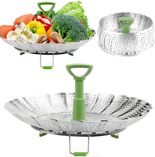 Consevisen Stainless Steel Vegetable Steamer Basket, Expandable 5.1 to 9, Folding Steamer Insert for Veggie, Fish, Seafood Cooking, Silver/Green