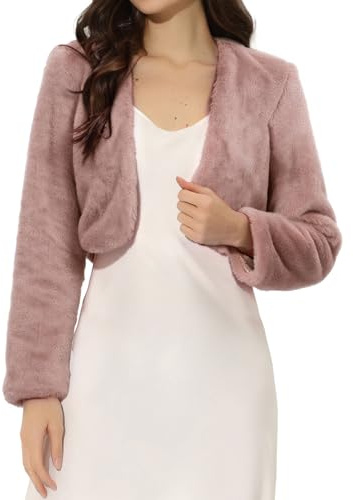Allegra K Women's Fur Jacket Cropped Wedding Bolero Gown Faux Fur Shrug | Fall Winter Coat, Open Front Fuzzy Overcoat, Long Sleeve, Formal, Evening Fluffy Outfit