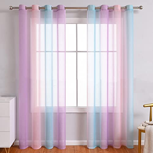 Lsimeru Regenbogen Vorhang Farbverlauf Transparent Lila Rosa Blau 2er Pack Tüll Gardinen Durchsichtig Bunt Ösenschal Ösenvorhang Halbtransparent Wohnzimmer Schlafzimmer,140x220