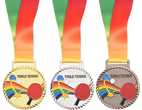 PATIKIL 2.7 Mesa Tenis Medallas, 3 Paquete Mesa Tenis Premio Medallas Juego Dorado Plata Bronce Medalla con Cinta Multicolor para Juegos Deportes Competiciones