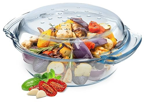 KADAX Pirofila per Cottura da Forno in Vetro Trasparente, Casseruola Rotonda con Coperchio da Cucina, Piatto Resistente al Calore per Lasagne (2.4 L)