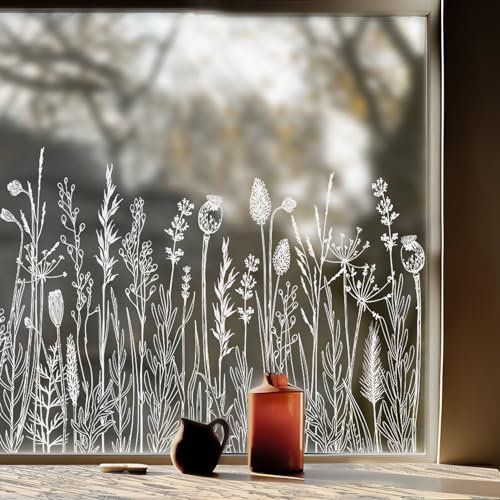 ChicSkin Fensterbilder Reinweiße Wiesen, Fensterbilder frühling Florale Motive, Frühlingsdeko Mehrweg Wildblumen und Pflanzen, Wohnzimmer, Schlafzimmer, Bad, Küche fensterdekoration 39x150cm