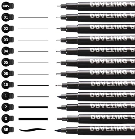 CRESZZLE Set di pennarelli neri,set di 12 pennarelli da disegno professionali,inchiostro senza acidi,resistenti allo sporco,impermeabili e ad asciugatura rapida,Ideali per bambini,artisti,tecnici