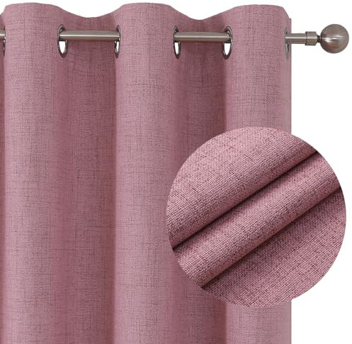 Joydeco 100% Blackout Curtains with Coating Back Layer, Faux Linen Textured Thermal Insulated Eyelet Curtains & Drapes for Room Darkening Noise Reducing W46 x L54 Inch, Pink - 2 Panels