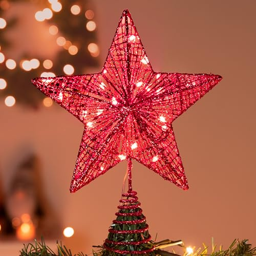 Joiedomi Cimier de sapin de Noël à piles, étoile rouge pailletée éclairée avec 20 lumières LED blanc chaud pour décoration de sapin de Noël, fête de vacances, décoration d'intérieur
